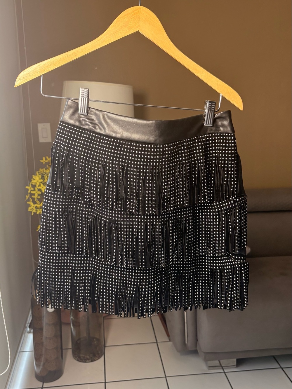 Black Fringe Mini Skirt with Stud Details